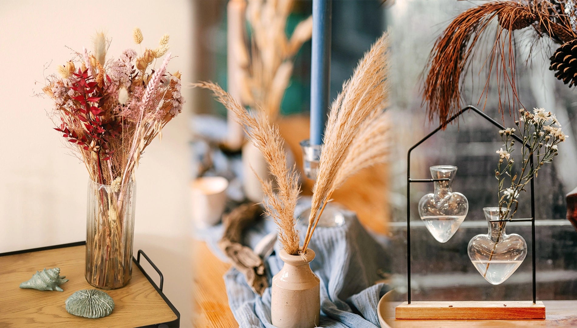 Présentation de plusieurs vases et soliflores avec fleurs séchées, mise en scène.