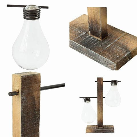 Soliflore ampoule avec support socle en bois détails du support en bois et des récipients en forme d'ampoule