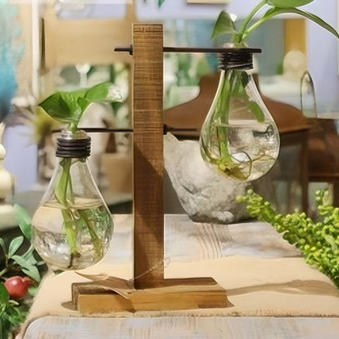 Soliflore ampoule avec support socle en bois présentation du modèle Duo orné de plantes sur une table