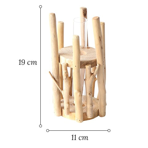 Soliflore en bois artisanal créatif dimensions sur fond blanc
