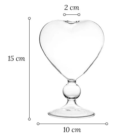 Soliflore cœur transparent sur pied avec dimensions sur fond blanc