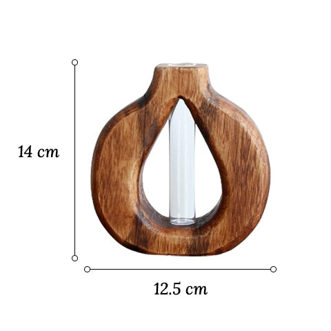 Soliflore en bois design formes variées en verre & bois dimensions du modèle C sur fond blanc