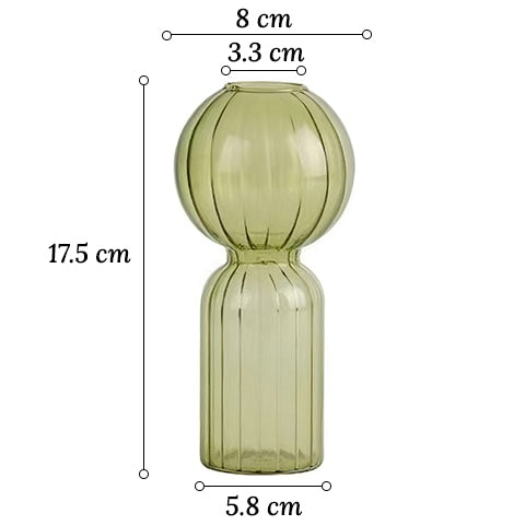 Soliflore forme bilboquet coloré en verre dimensions sur fond blanc.