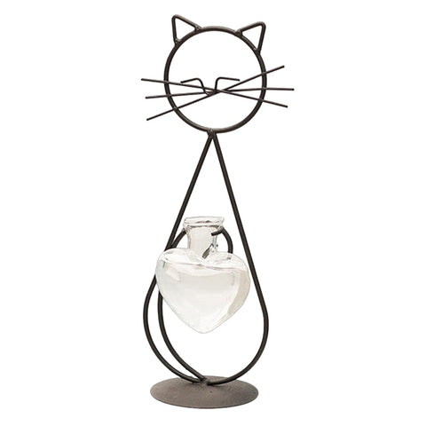 Vase soliflore Petit Chat cœur craquant en Verre soliflore Chat debout Style 2 Noir sans plante sur fond blanc