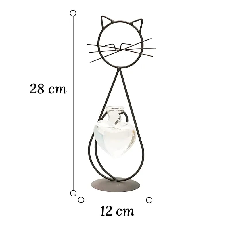 Soliflore Petit Chat Cœur Craquant dimensions du modèle noir 28 cm sur fond blanc sans fleurs.