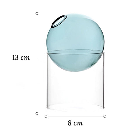 Soliflore sphérique sur socle tubulaire en verre dimensions sur fond blanc