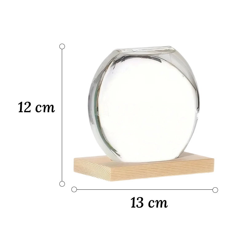 Soliflore Sphérique Transparent sur Socle en Bois dimensions 12cm sur fond blanc sans fleurs.