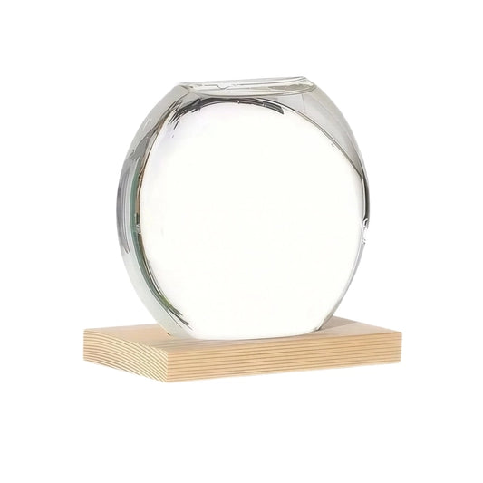 Soliflore Sphérique Transparent sur Socle en Bois, présentation du modèle beige sur fond blanc sans fleurs.