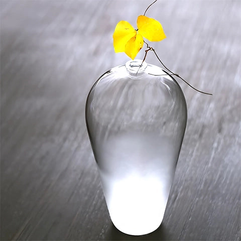 Soliflore style givré ikebana en verre présentation sur une table avec une fleur jaune