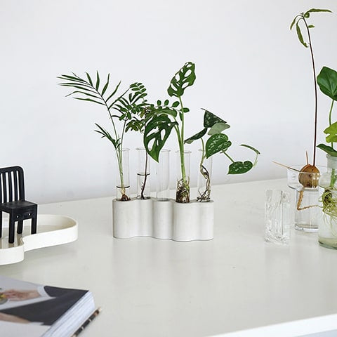 Soliflore tubes ikebana mise en scène avec des plantes et des ornements