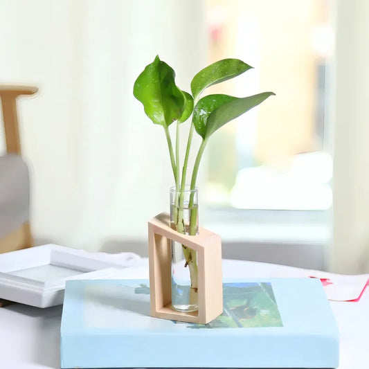 Soliflore Tube sur Support Bois Géométrique présentation du modèle A avec plante verte posé sur un livre.