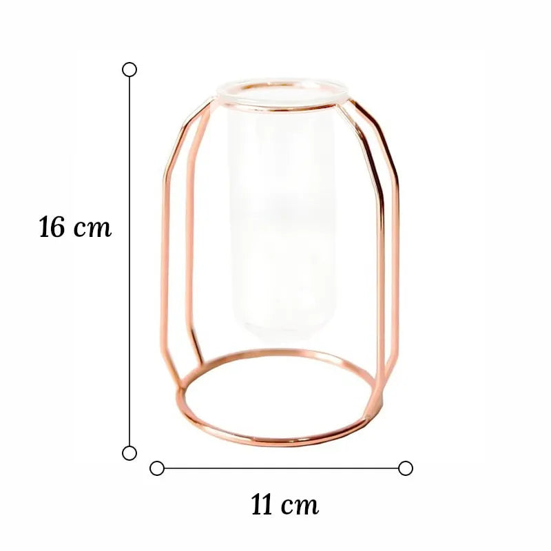 Soliflore Tube Suspendu Cadre Géométrique Rose Gold, dimensions du modèle A 16 cm sur fond blanc.