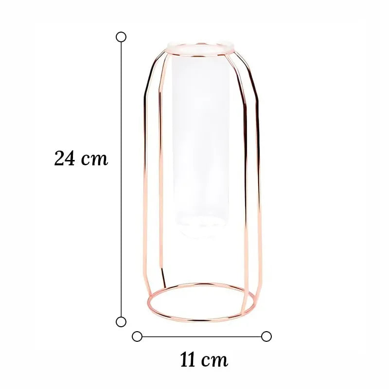 Soliflore Tube Suspendu Cadre Géométrique Rose Gold, dimensions du modèle B 24 cm sur fond blanc.