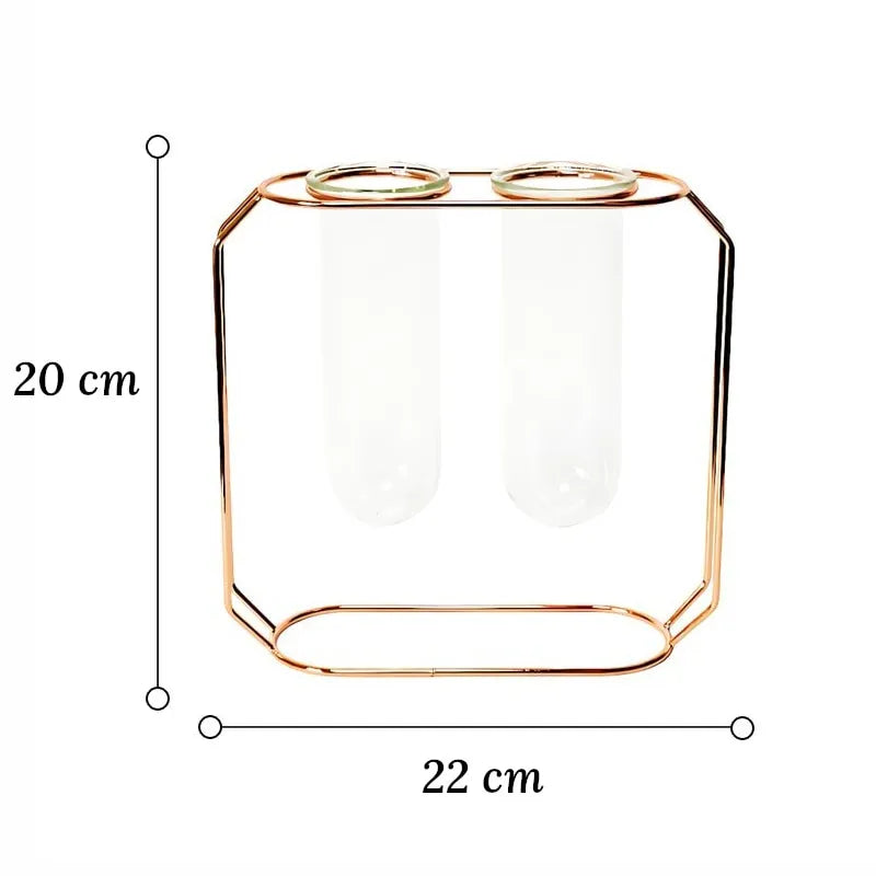 Soliflore Tube Suspendu Cadre Géométrique Rose Gold, dimensions du modèle C 20 cm sur fond blanc.