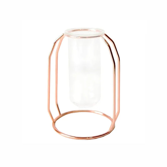 Soliflore Tube Suspendu Cadre Géométrique Rose Gold, présentation du modèle A sans fleurs sur fond blanc.