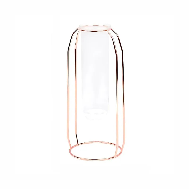 Soliflore Tube Suspendu Cadre Géométrique Rose Gold, présentation du modèle B sans fleurs sur fond blanc.