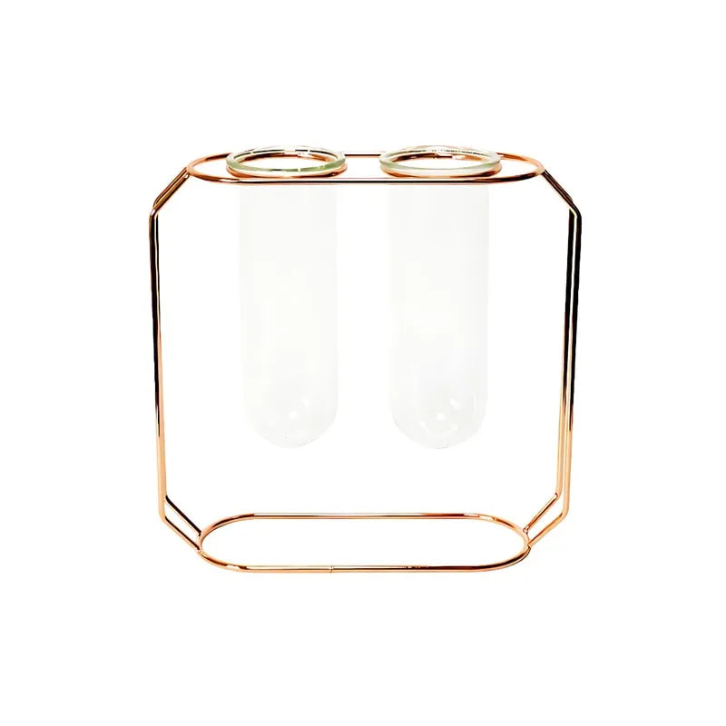 Soliflore Tube Suspendu Cadre Géométrique Rose Gold, présentation du modèle C sans fleurs sur fond blanc.