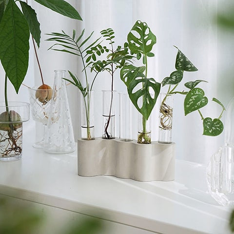 Soliflore avec tubes ikebana présentation sur une table avec des plantes vertes.