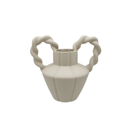 Vase Amphore Moderne Anses Torsadées modèle beige sans fleurs sur fond blanc.