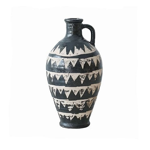 Vase ancien noir et blanc cruche motif triangles modèle B sur fond blanc