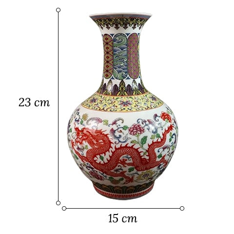 Vase artisanal dragon rouge en porcelaine modèle A dimensions sur fond blanc.