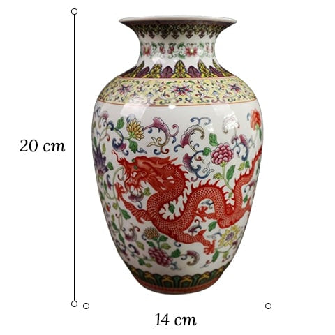 Vase artisanal dragon rouge en porcelaine modèle D dimensions sur fond blanc.
