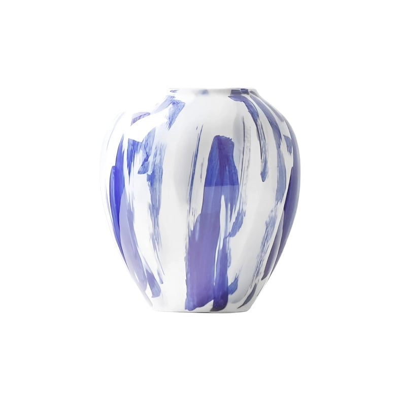 Vase Artistique Blanc aux Motifs Bleus Peint à la Main présentation du modèle C sur fond blanc sans fleurs.