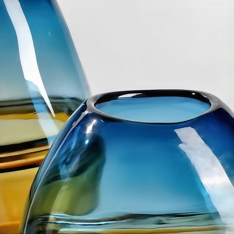 Vase bicolore orange et bleu en verre détails du haut