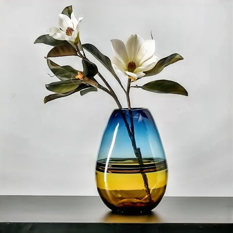 Vase bicolore orange et bleu en verre modèle L avec fleurs