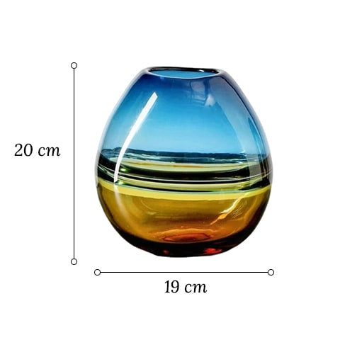 Vase bicolore orange et bleu en verre modèle S avec dimensions sur fond blanc