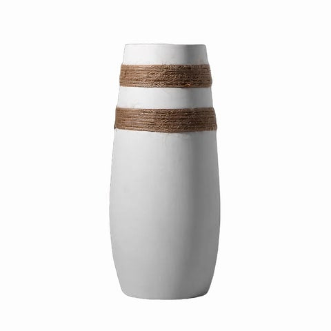 Vase blanc avec lien de chanvre tressé en Céramique modèle A 22cm présentation sur fond blanc