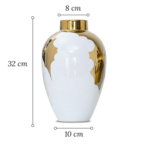 Vase blanc et or motif feuilles de houx présentation du modèle Grand avec dimensions sur fond blanc