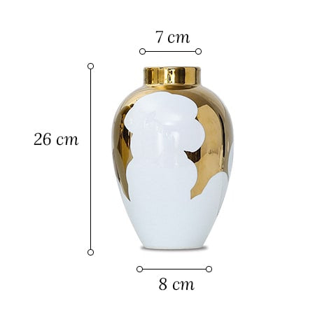 Vase blanc et or motif feuilles de houx présentation du modèle Petit avec dimensions sur fond blanc