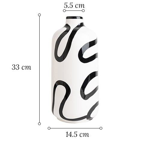 Vase blanc lignes abstraites noires design dimensions sur fond blanc
