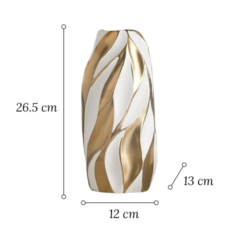 Vase blanc motif flammes dorées en céramique modèle blanc grand avec dimensions sur fond blanc