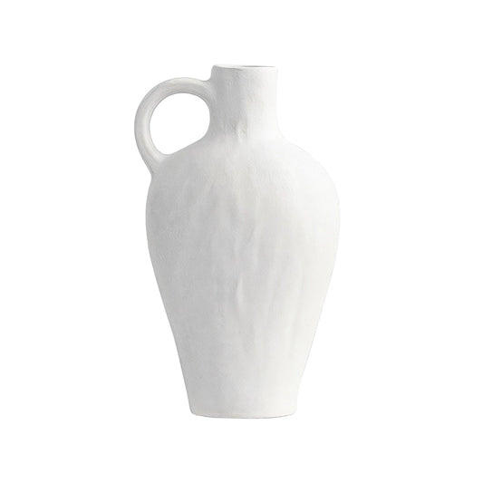 Vase Blanc Moucheté Forme Cruche avec Anse présentation sans fleurs sur fond blanc.