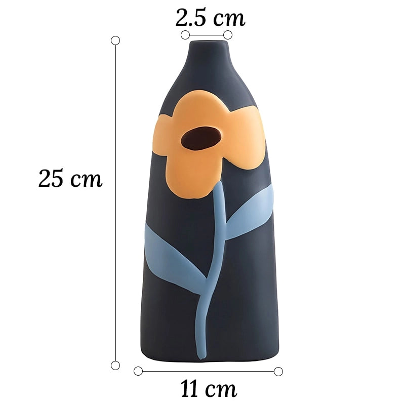 Vase Bohème Peint Motif Fleurs en Céramique dimensions modèle Bleu 25cm sur fond blanc