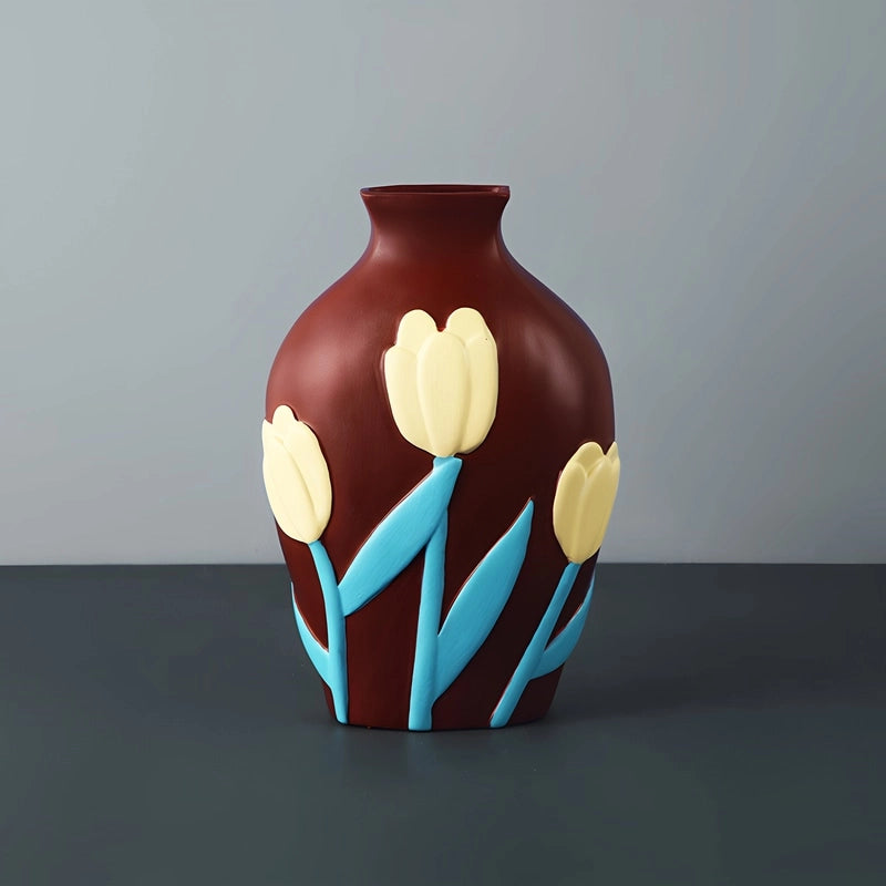 Vase Bohème Peint Motif Fleurs en Céramique présentation modèle Marron