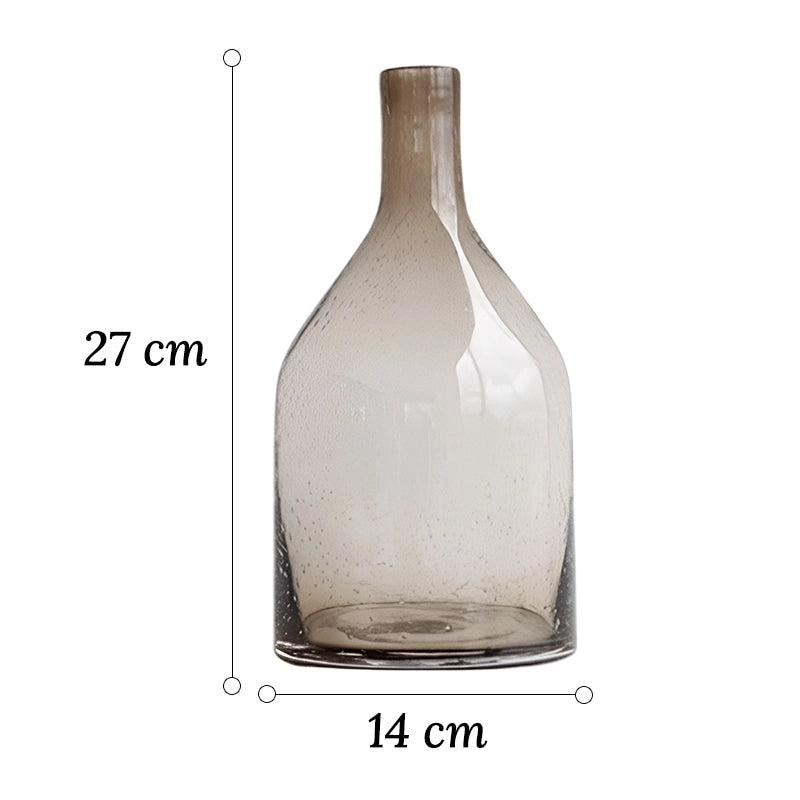 Vase Bouteille Verre Bullé Coloré en verre dimensions modèle A 27cm sur fond blanc.
