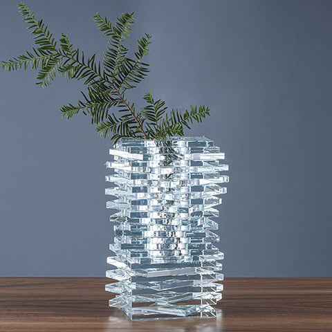 Vase carrés superposés effet cristal en verre avec tige présentation