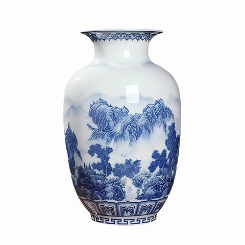 Vase chinois ancien modèle paysage sur fond blanc