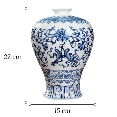 Vase chinois ancien modèle poisson avec dimensions sur fond blanc