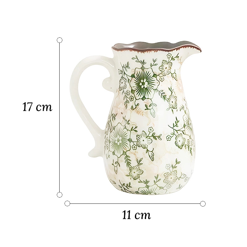 Vase Cruche Ancienne Col Ondulé Motif Floral, dimensions du modèle petit 17 cm sur fond blanc sans fleurs.