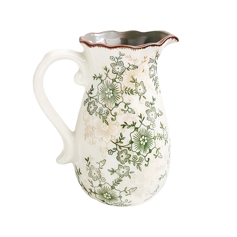Vase Cruche Ancienne Col Ondulé Motif Floral modèle grand sur fond blanc sans fleurs.