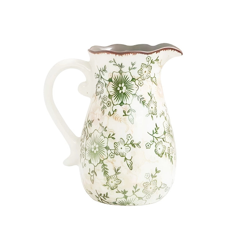 Vase Cruche Ancienne Col Ondulé Motif Floral modèle petit sur fond blanc sans fleurs.