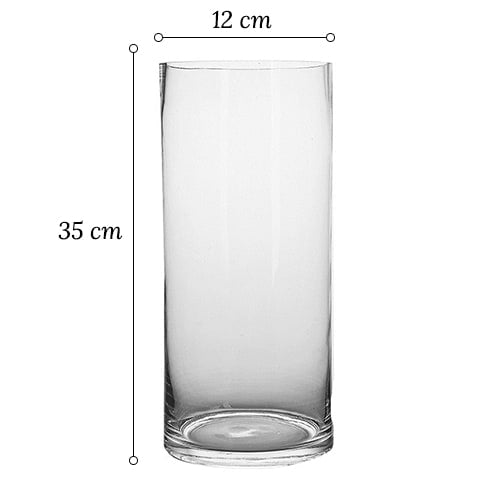 Vase cylindrique décoratif transparent en verre dimensions modèle 12x35 sur fond blanc