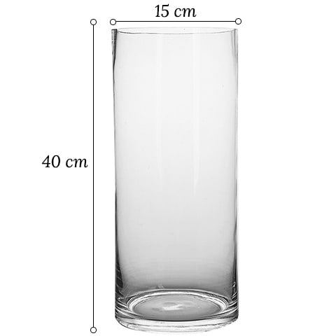 Vase cylindrique décoratif transparent en verre dimensions modèle 15x40 sur fond blanc