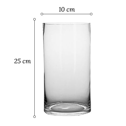Vase cylindrique décoratif transparent en verre dimensions modèle 10x25 sur fond blanc