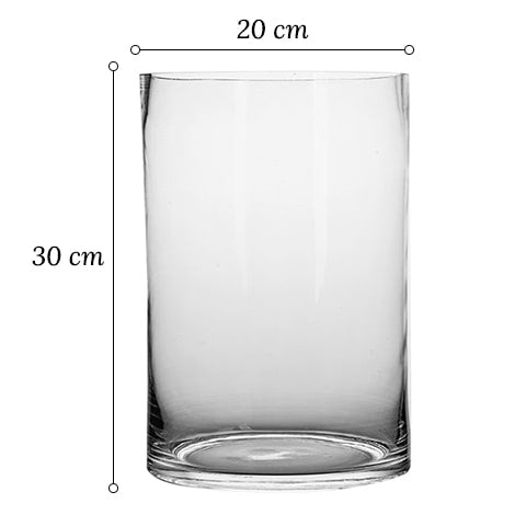 Vase cylindrique décoratif transparent en verre dimensions modèle 20x30 sur fond blanc