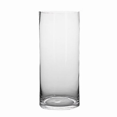 Vase cylindrique décoratif transparent en verre modèle 15x40 sur fond blanc